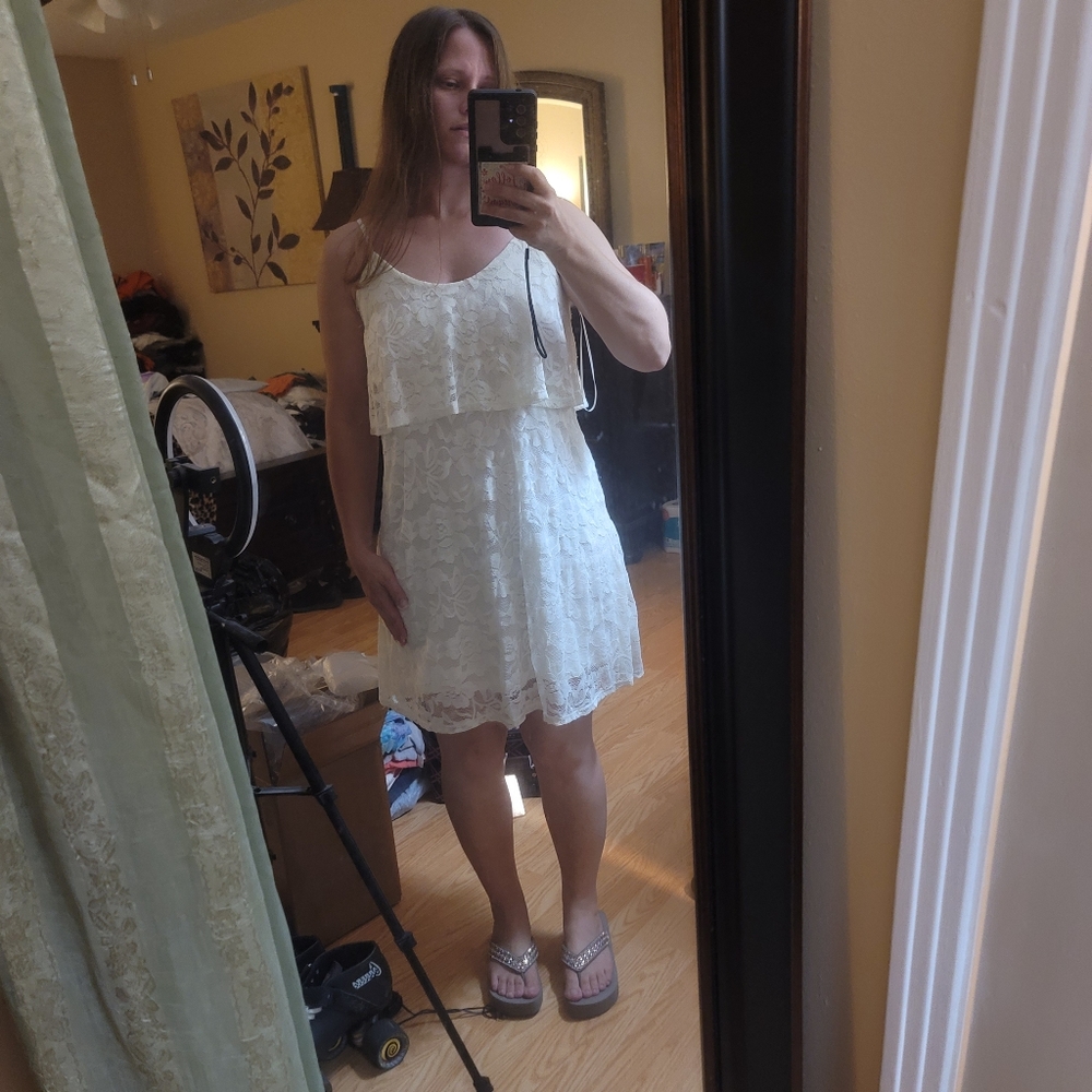 DONATED Express Off-White Ivory Lace Flounce Top Dress